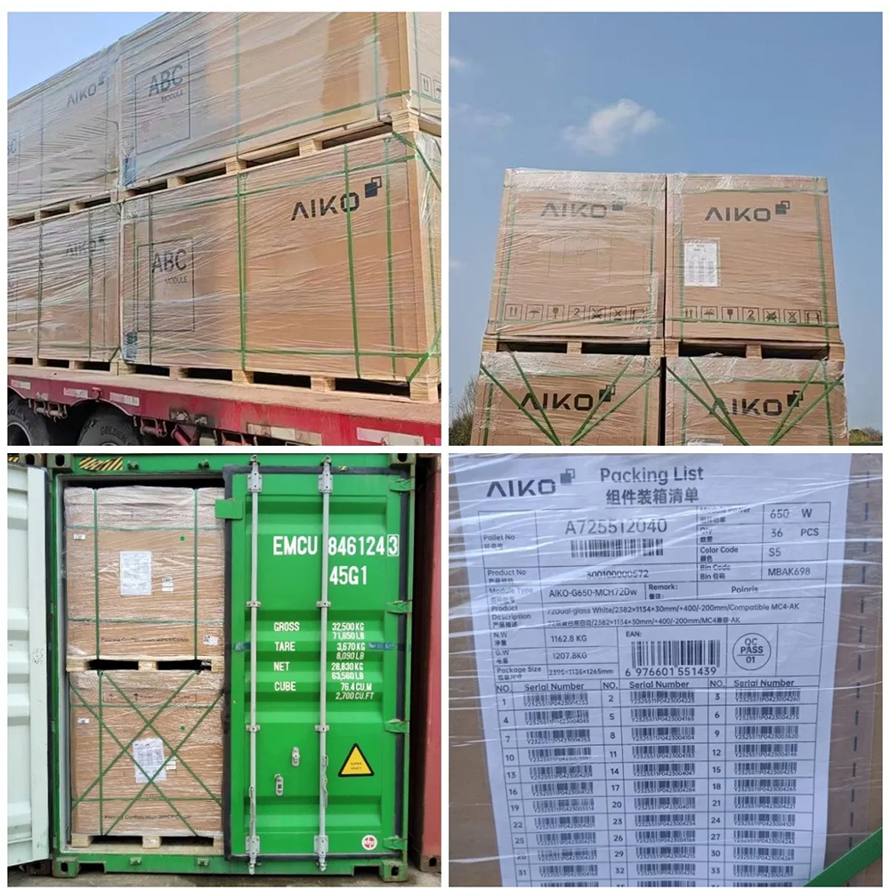 Aiko Solar Panels n Type ABC 640W 645W 650W 655W 660 Watt 665 Watt 670 Watts n Type Double Glass Bifacial Panels for Electricity