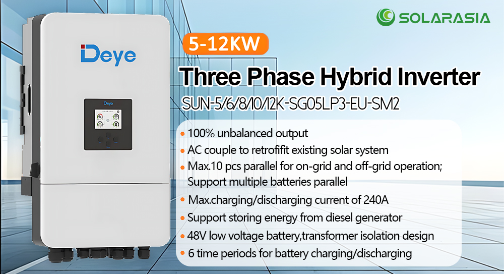 Deye Solar Inverters Three Phase IP 65 Hybrid 5KW 6KW 8KW 10KW 12KW Pure Sine Wave Solar Inverter High Efficiency with Mppt