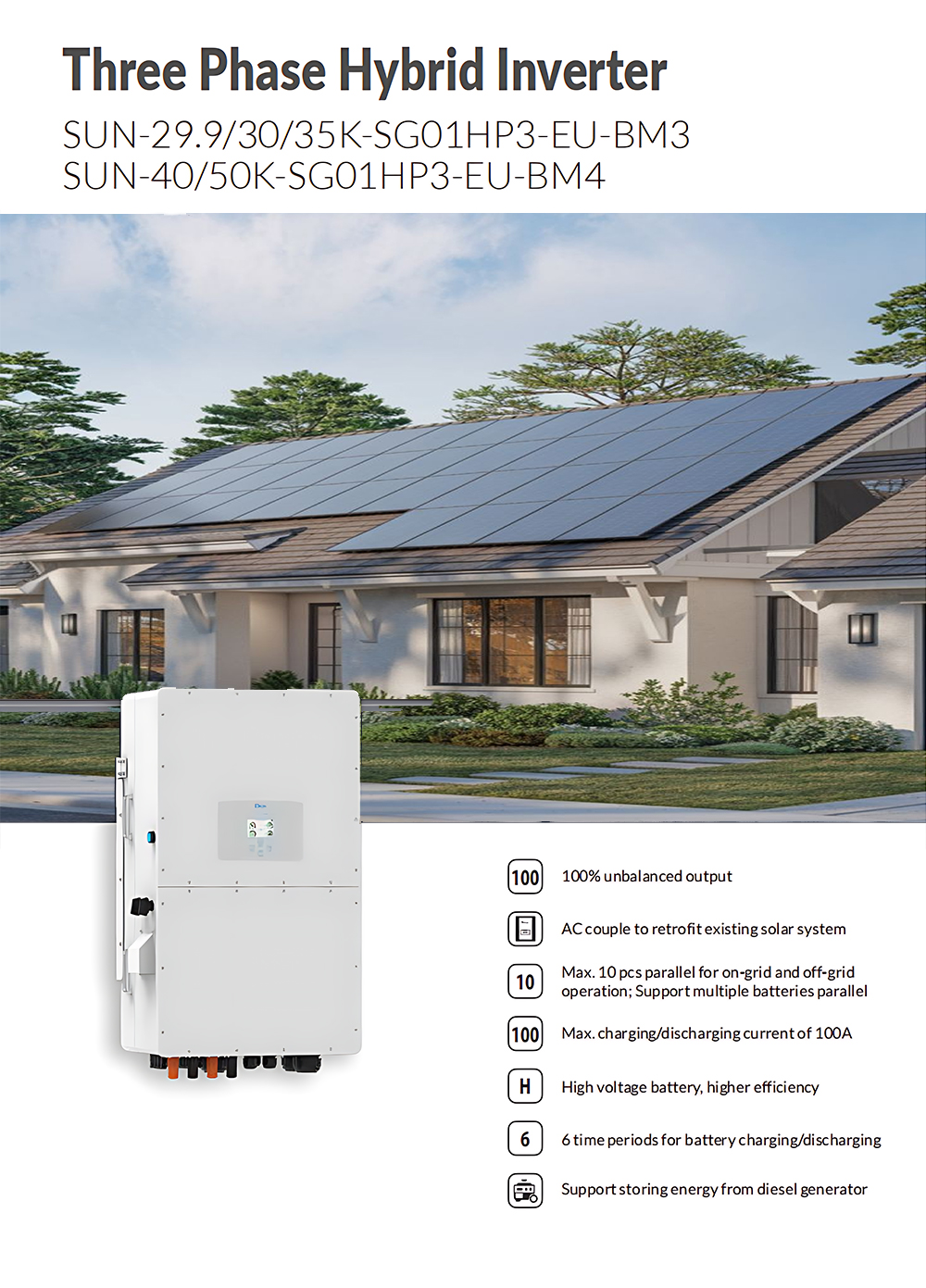 Deye Solar Energy Inverter Hybrid 3 Phase 30kw 35kw 40kw 50kw IP65 Pure Sine Wave Industrial Commercial Solar Power Inverter