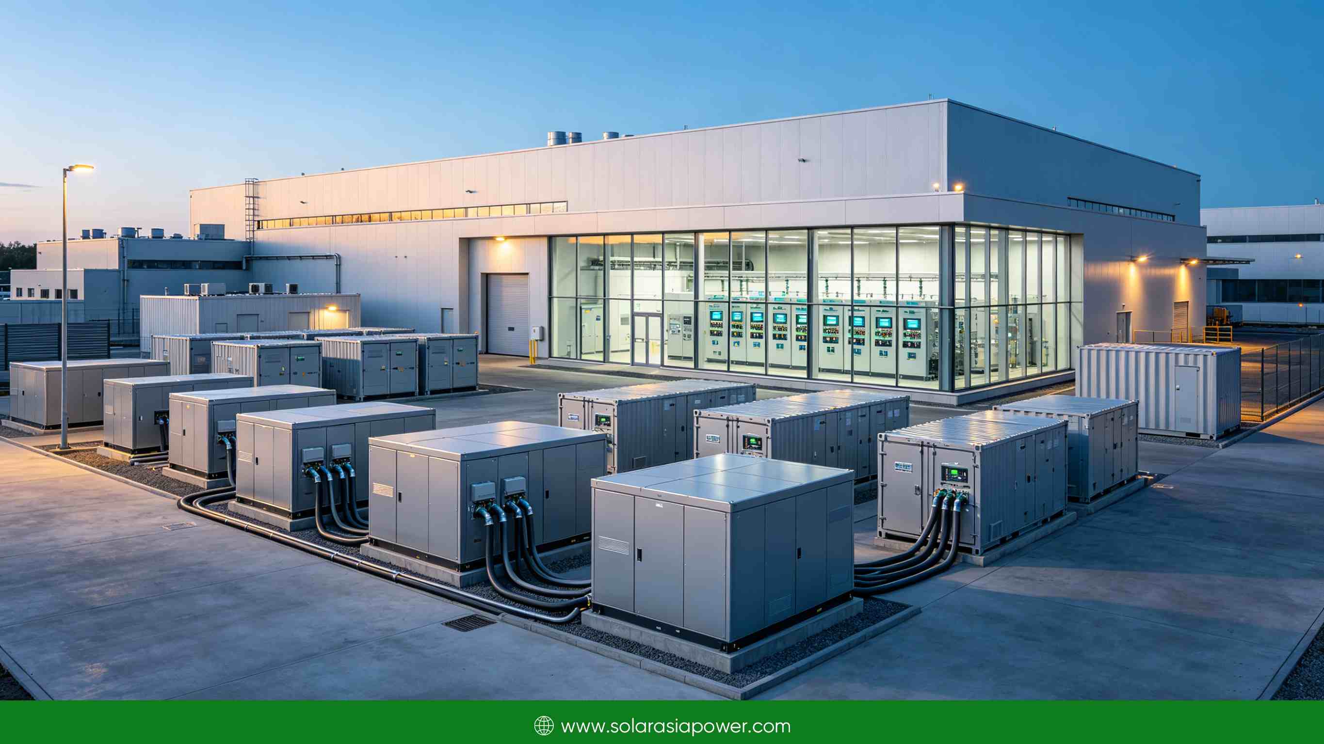 Industrial factory with battery energy storage system installation, modern clean energy solution.