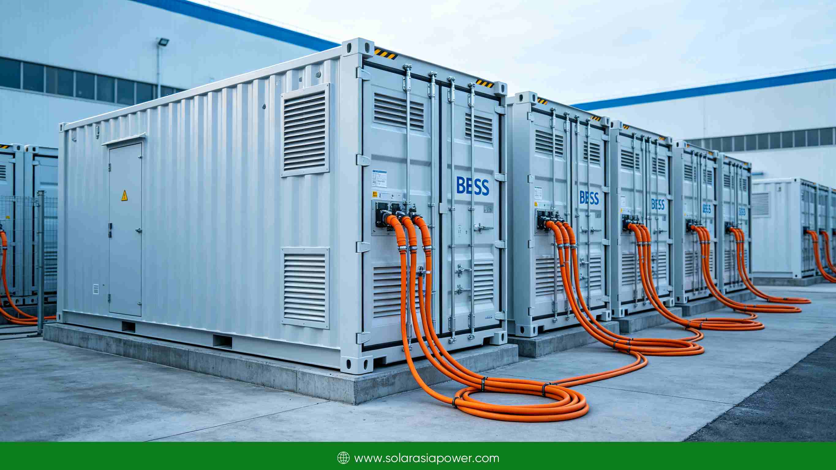 Containerized battery energy storage system (BESS) in industrial area, high-tech, clean energy infrastructure