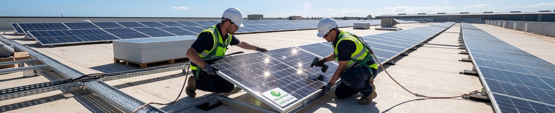 Staff of Solarasia are installing Jinko Tiger Neo bifacial modules on a large commercial rooftop project.