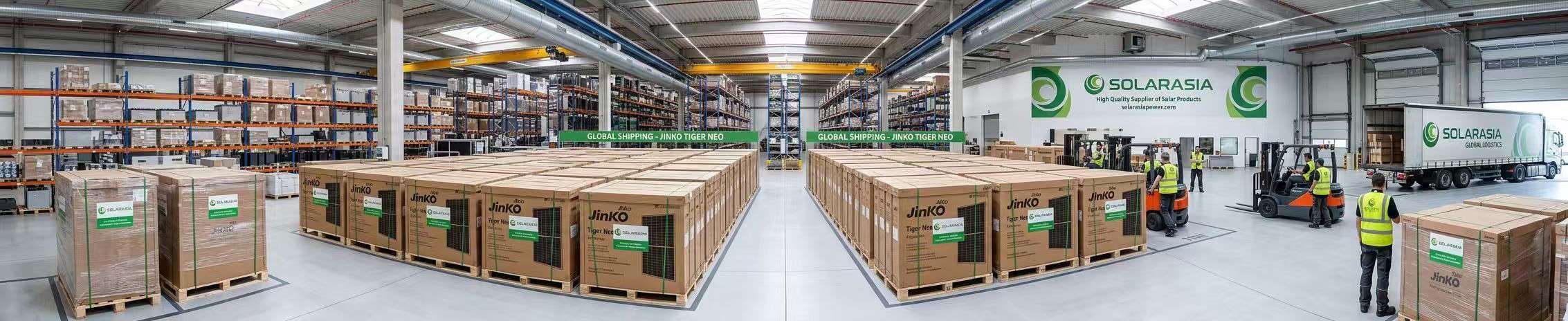 In Solarasia&rsquo;s modern warehouse, neatly stacked original-packaged Jinko Tiger Neo modules are ready for global shipment, with Solarasia&rsquo;s partner labels clearly displayed on the packaging boxes.