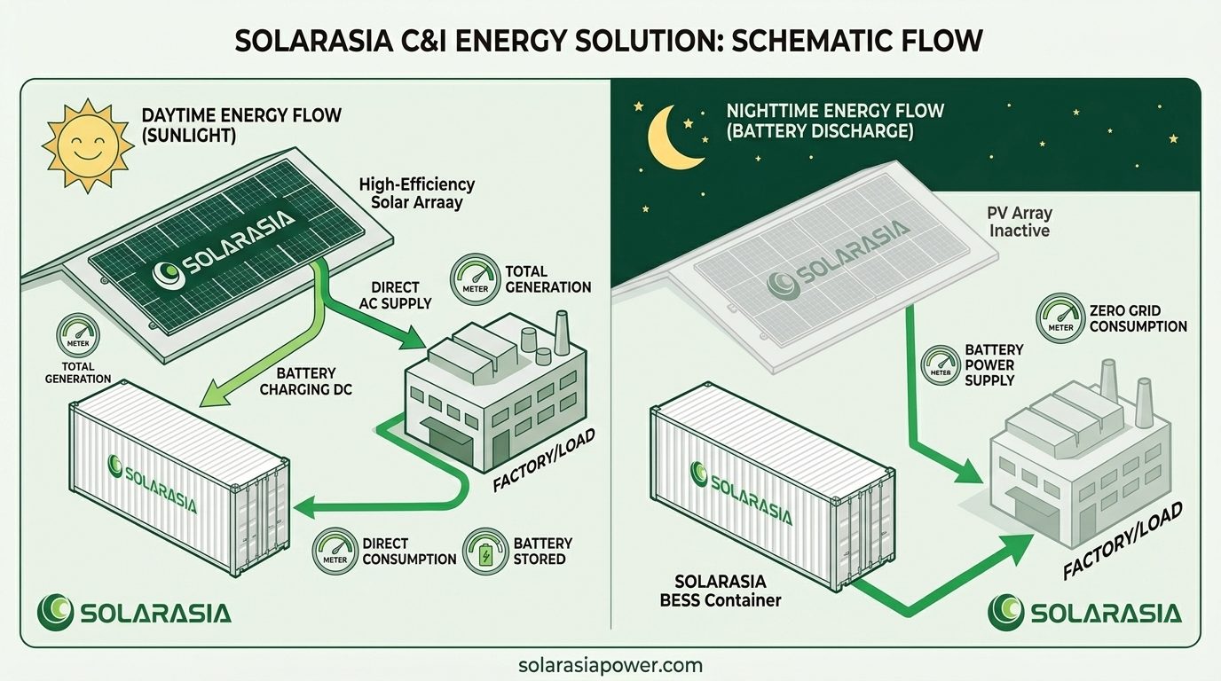 It demonstrates how daytime photovoltaic power generation supplies the load simultaneously and stores excess power into the energy storage container, and how the container takes over power supply at night.