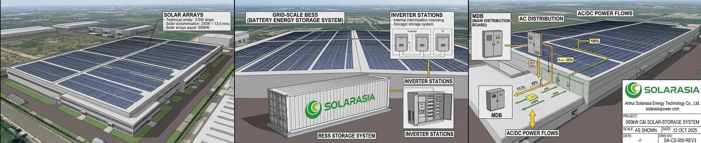 A rendering design of a 500kW rooftop project, with detailed markings of solar panel layout, inverter positions and connection points of the energy storage system.