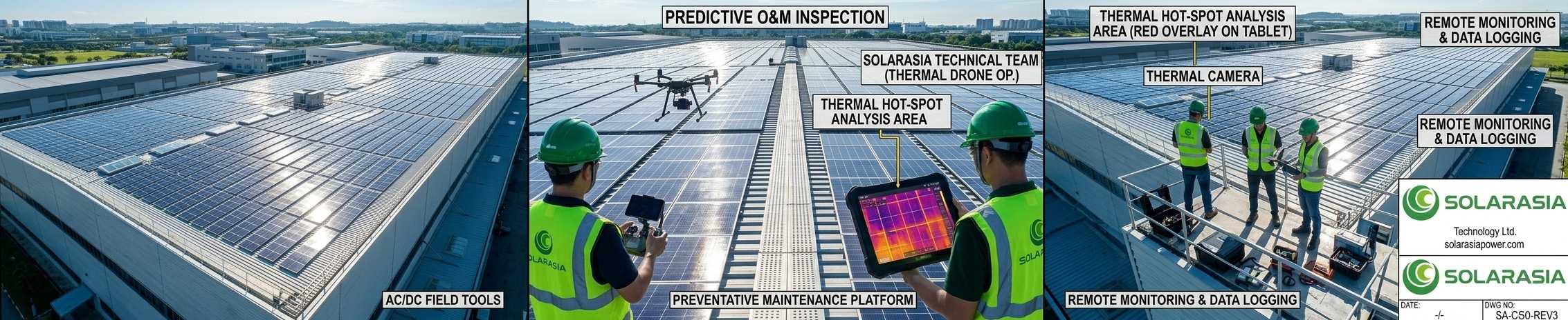 Solarasia technical team using a thermal imaging drone to inspect a massive 500kW rooftop array.