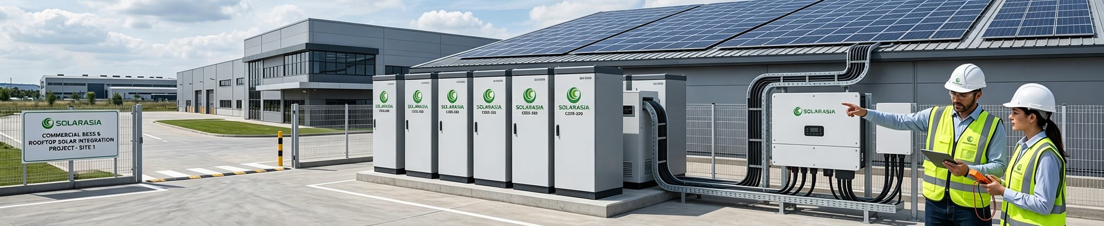 Modern commercial energy storage system Modern commercial energy storage system connected with rooftop solar panels and industrial factory, outdoor battery cabinets and hybrid inverter, clean energy technology, realistic style, high resolution, professional industrial environment