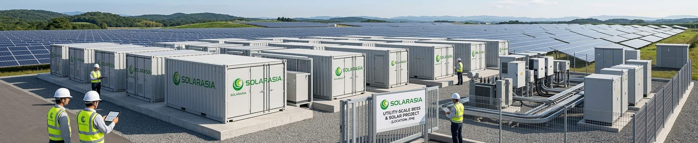 Large scale container battery energy storage system Large scale container battery energy storage system installed beside industrial solar power plant, modern utility-scale BESS project, realistic lighting, clean energy infrastructure, professional engineering scene