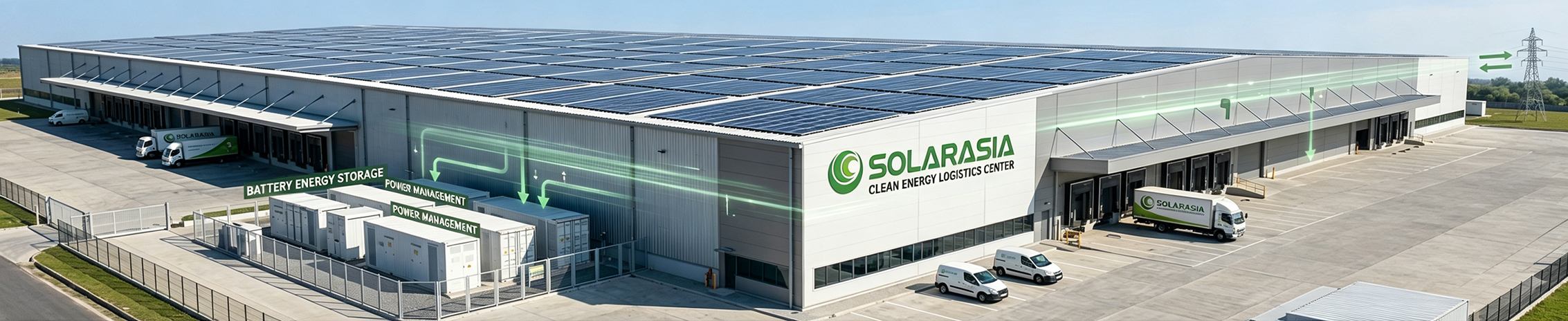 Industrial warehouse powered by commercial solar panels and battery energy storage system, smart energy management concept, modern clean technology, realistic style, high resolution Industrial warehouse powered by commercial solar panels and battery energy storage system, smart energy management concept, modern clean technology, realistic style, high resolution