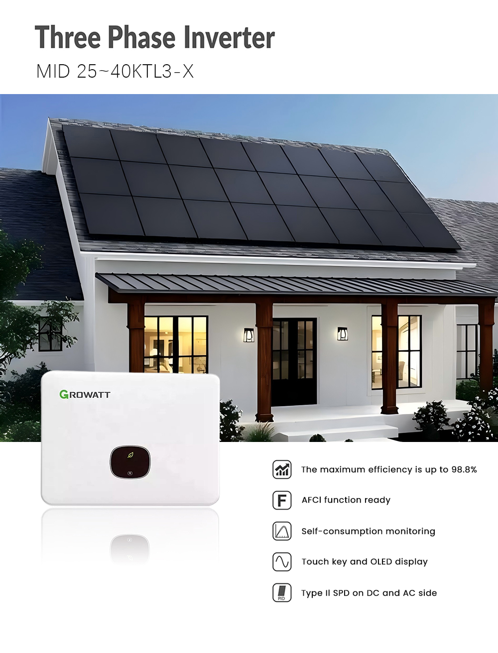Growatt MID 25-40KTL3-X Commercial Solar Inverter Three Phase On Grid PV Inverter Solar Inverters Growatt High Voltage 3 Phase 25kw 33 Kva 36kw 40kw Grid Tied Solar Power Inverter for Solar Panel System