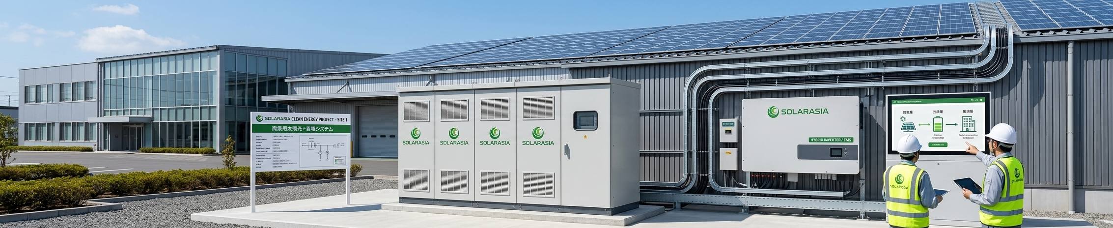 Commercial solar plus storage system with outdoor battery cabinet and hybrid inverter Commercial solar plus storage system with outdoor battery cabinet and hybrid inverter