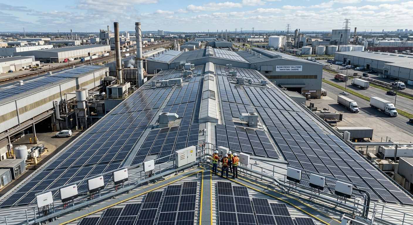 Modern commercial rooftop solar system installed on industrial factory building Modern commercial rooftop solar system installed on industrial factory building