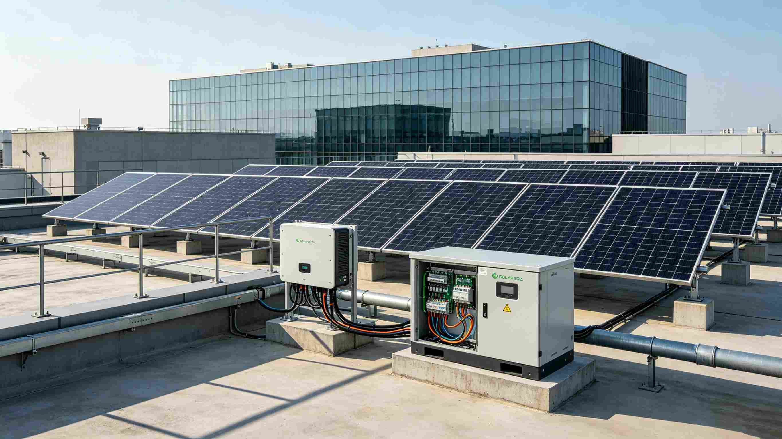 Modern commercial building with rooftop solar panels connected to AC coupled battery energy storage system, separate solar inverter and battery inverter cabinets