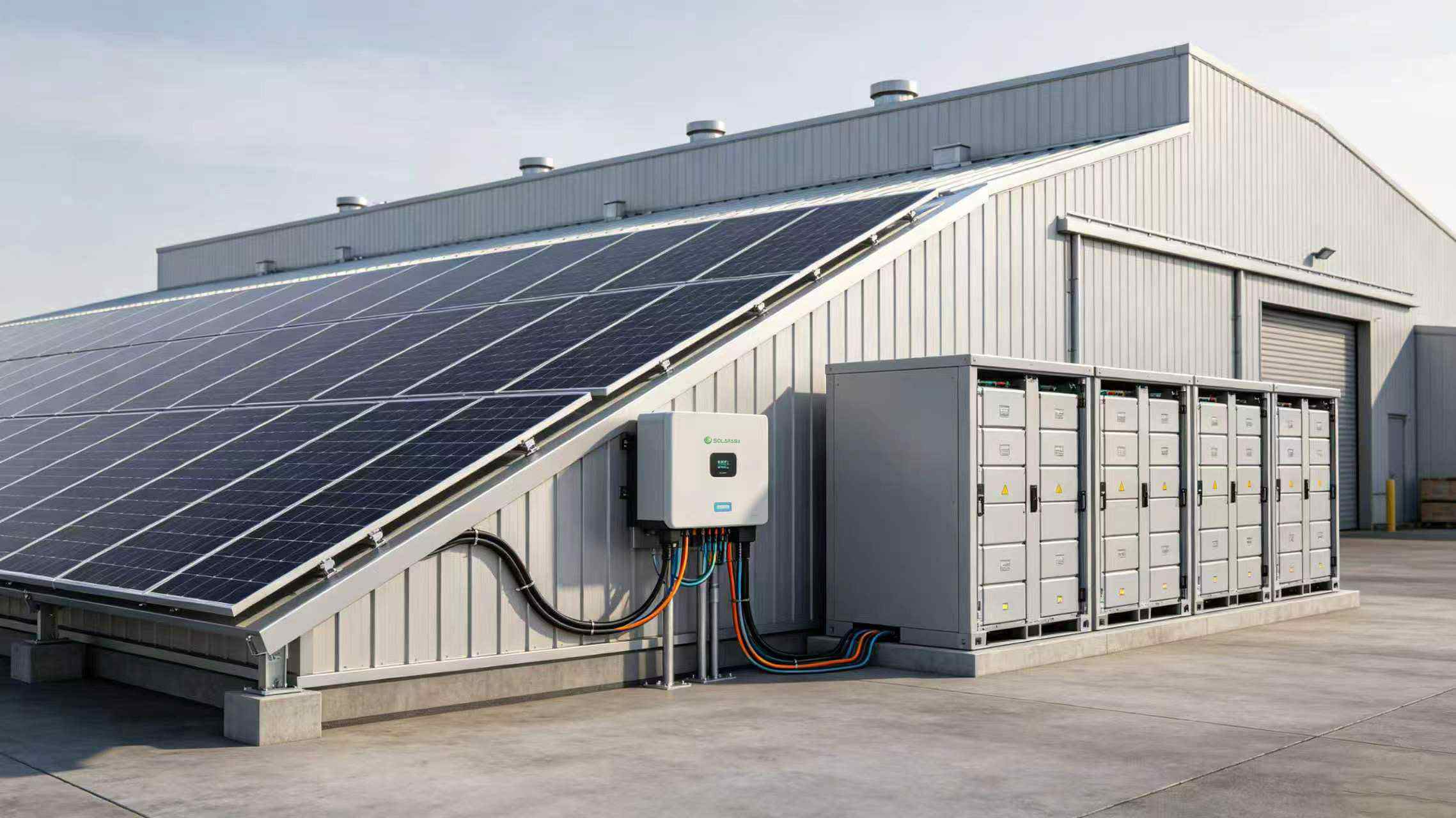 Industrial factory with DC coupled battery energy storage system, hybrid inverter connected directly to solar panels and lithium battery cabinets