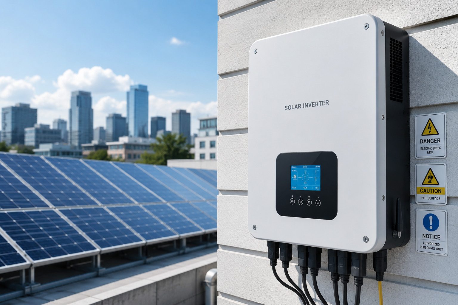 Modern solar inverter connected to rooftop solar panels Modern solar inverter connected to rooftop solar panels