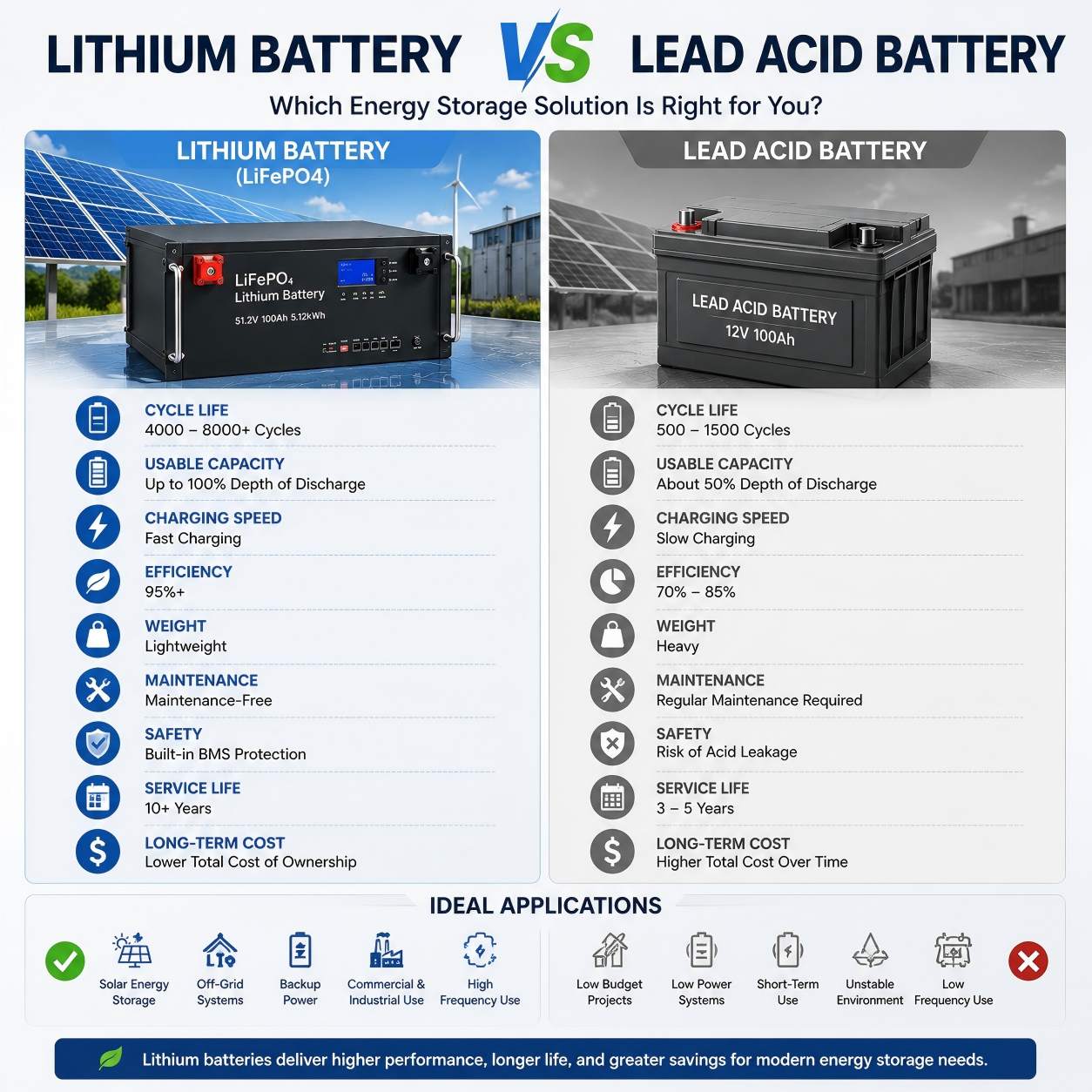 energy storage systems Side by side comparison of lithium battery and lead acid battery technologies used in solar and energy storage systems.