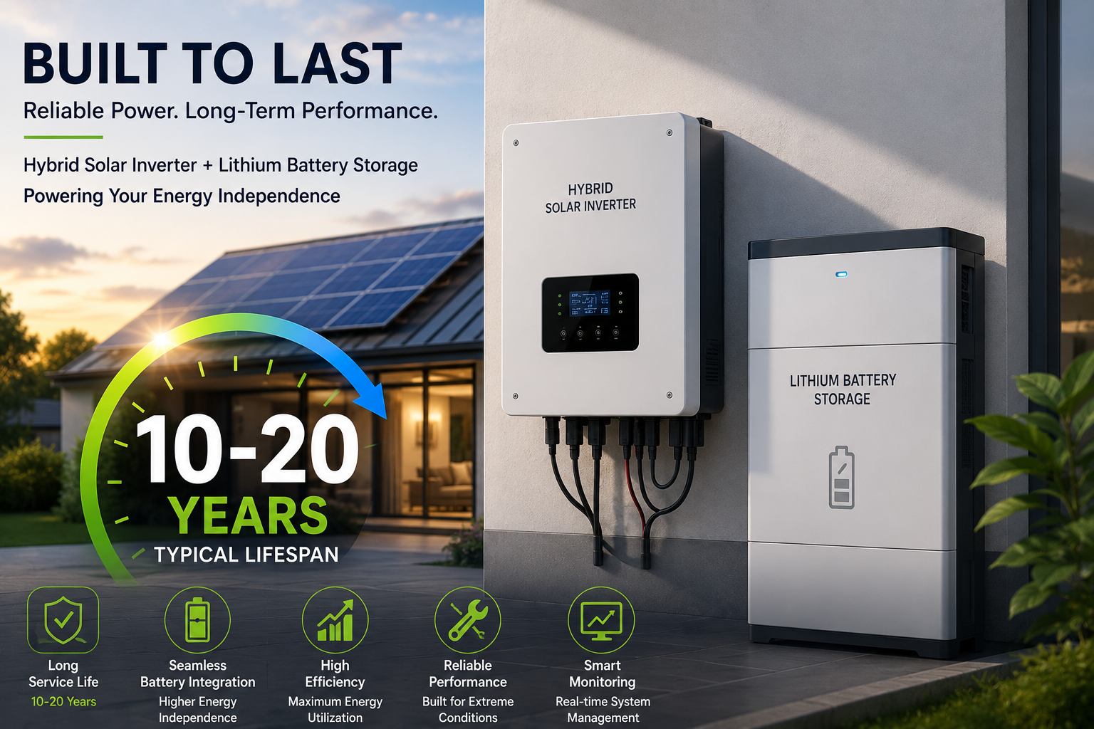 Solar inverter lifespan concept Hybrid inverter + battery storage 10 to 20 year lifespan visualization Solar inverter lifespan concept Hybrid inverter + battery storage 10 to 20 year lifespan visualization