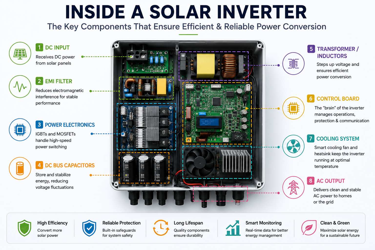 Solar inverter internal components Educational infographic style Solar inverter internal components Educational infographic style