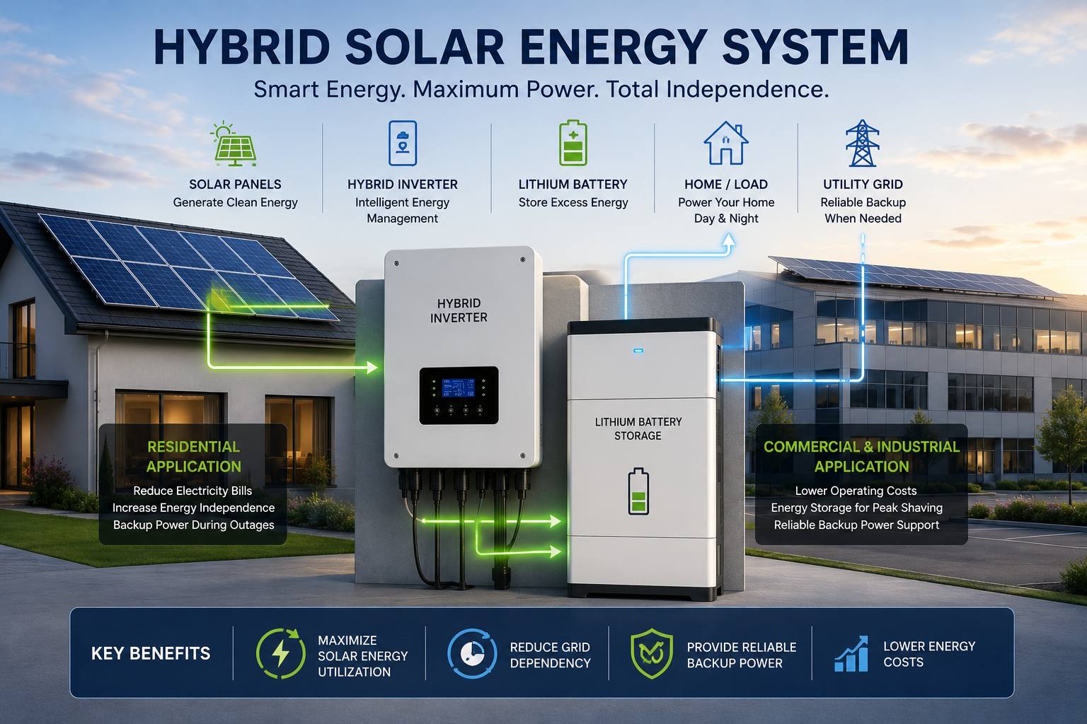 Hybrid inverter connected to lithium battery storage Residential and commercial solar application Hybrid inverter connected to lithium battery storage Residential and commercial solar application