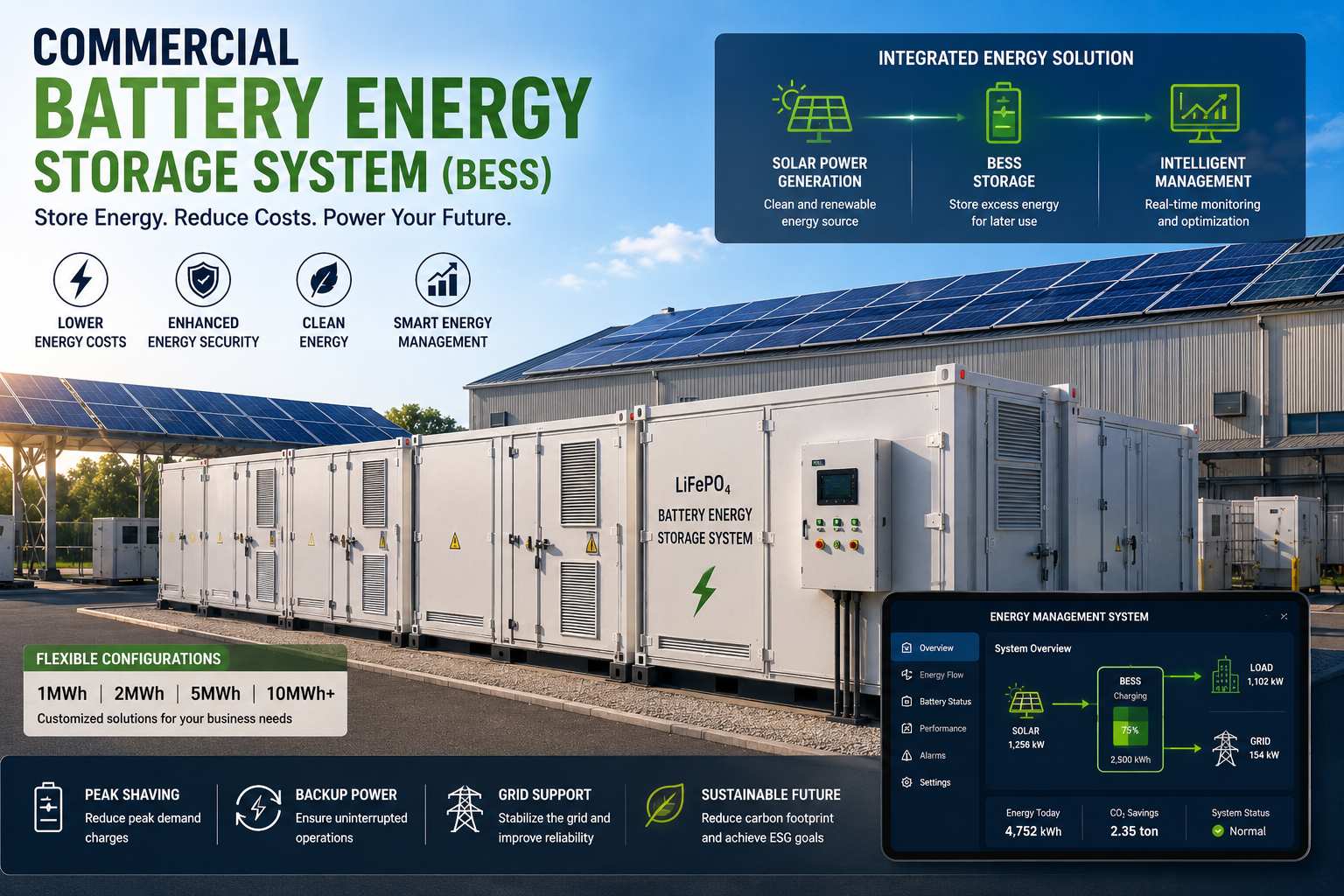 Large scale commercial Battery Energy Storage System integrated with solar power generation and intelligent energy management. Large scale commercial Battery Energy Storage System integrated with solar power generation and intelligent energy management.