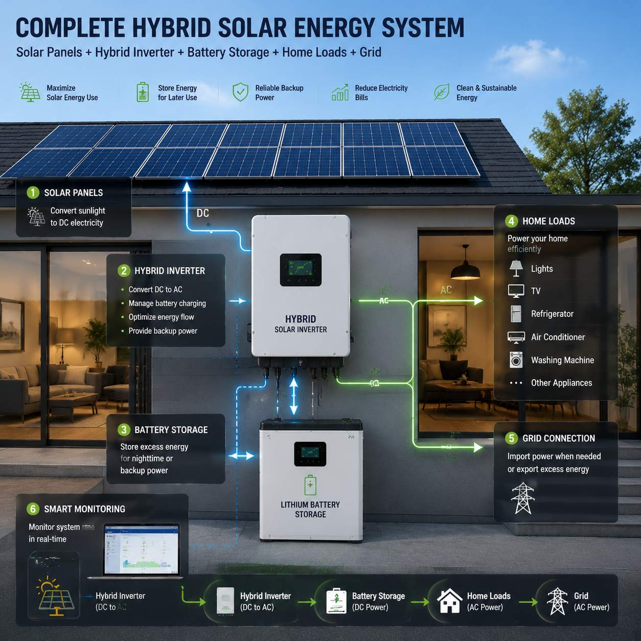 Hybrid inverter connected to solar panels, lithium battery storage, and home electrical loads in a complete energy system. Hybrid inverter connected to solar panels, lithium battery storage, and home electrical loads in a complete energy system.