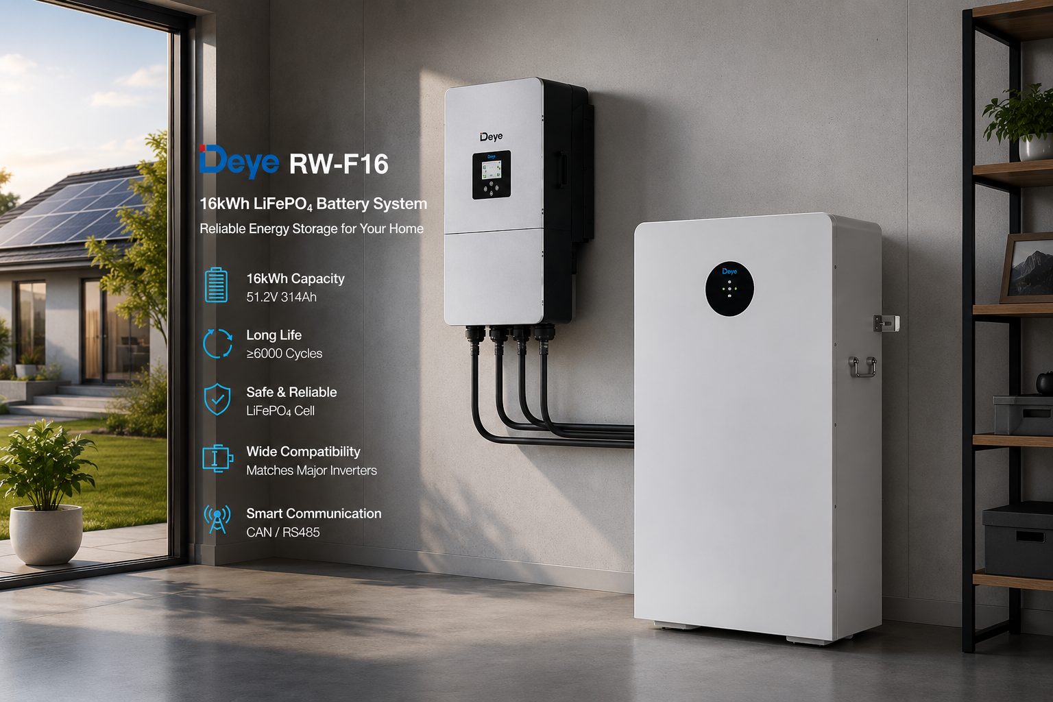 Modern 16kWh LiFePO4 lithium battery installed beside a hybrid solar inverter in a residential energy storage system. Modern 16kWh LiFePO4 lithium battery installed beside a hybrid solar inverter in a residential energy storage system.
