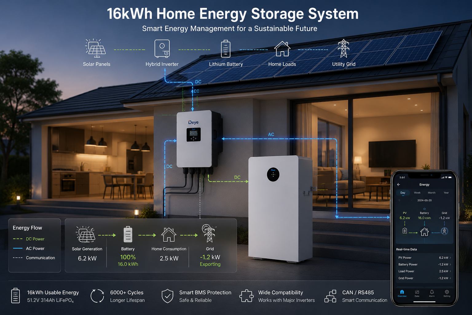 Floor standing 16kWh LiFePO4 battery connected to a hybrid inverter, powering a modern home with rooftop solar panels. Floor standing 16kWh LiFePO4 battery connected to a hybrid inverter, powering a modern home with rooftop solar panels.