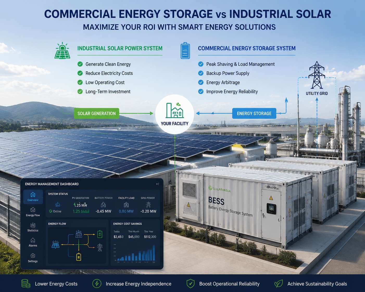 Large scale industrial solar panels integrated with containerized battery energy storage system for factory energy management. Large scale industrial solar panels integrated with containerized battery energy storage system for factory energy management.