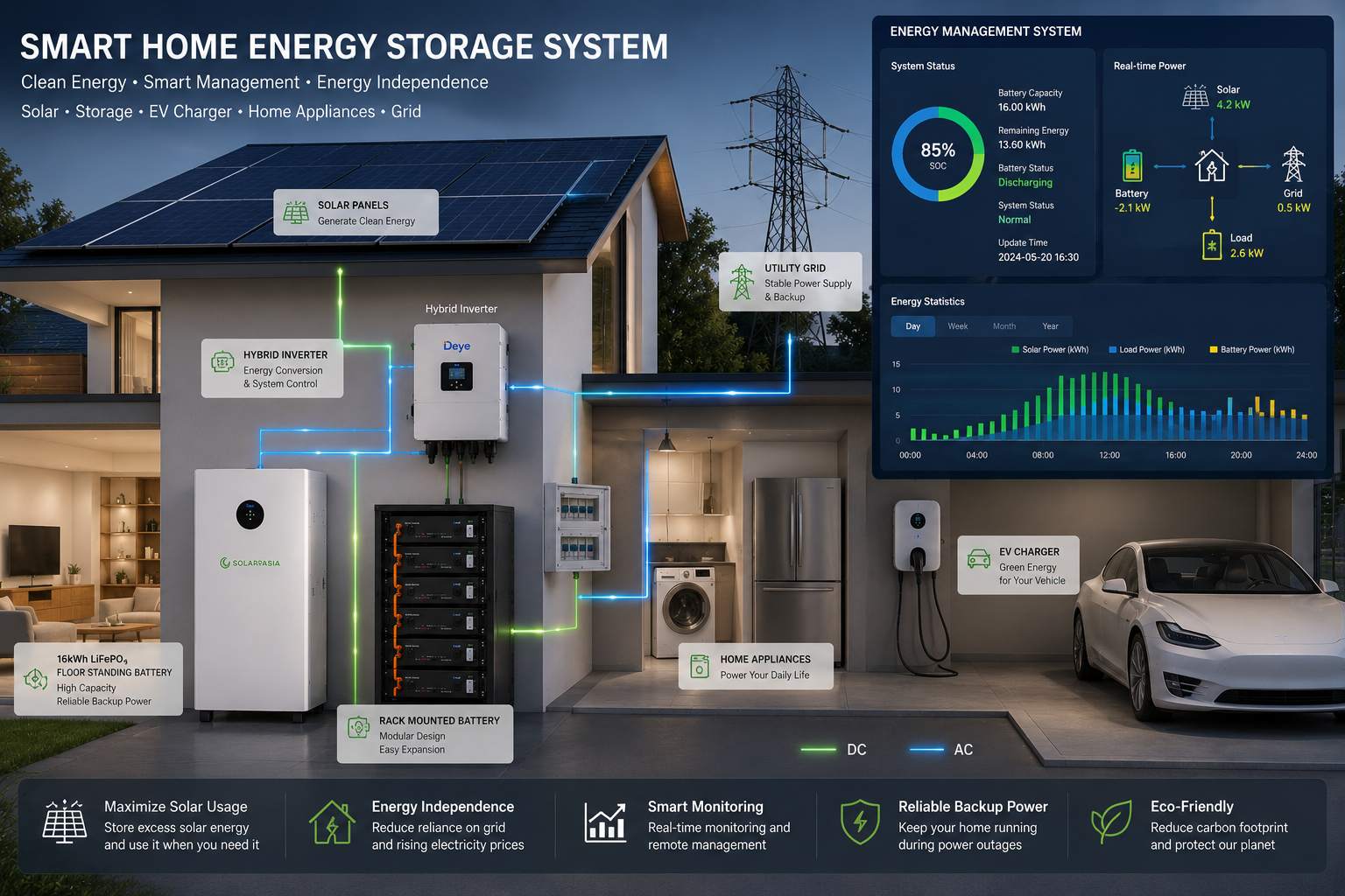 Smart home energy storage system with lithium battery and hybrid inverter Smart home energy storage system with lithium battery and hybrid inverter