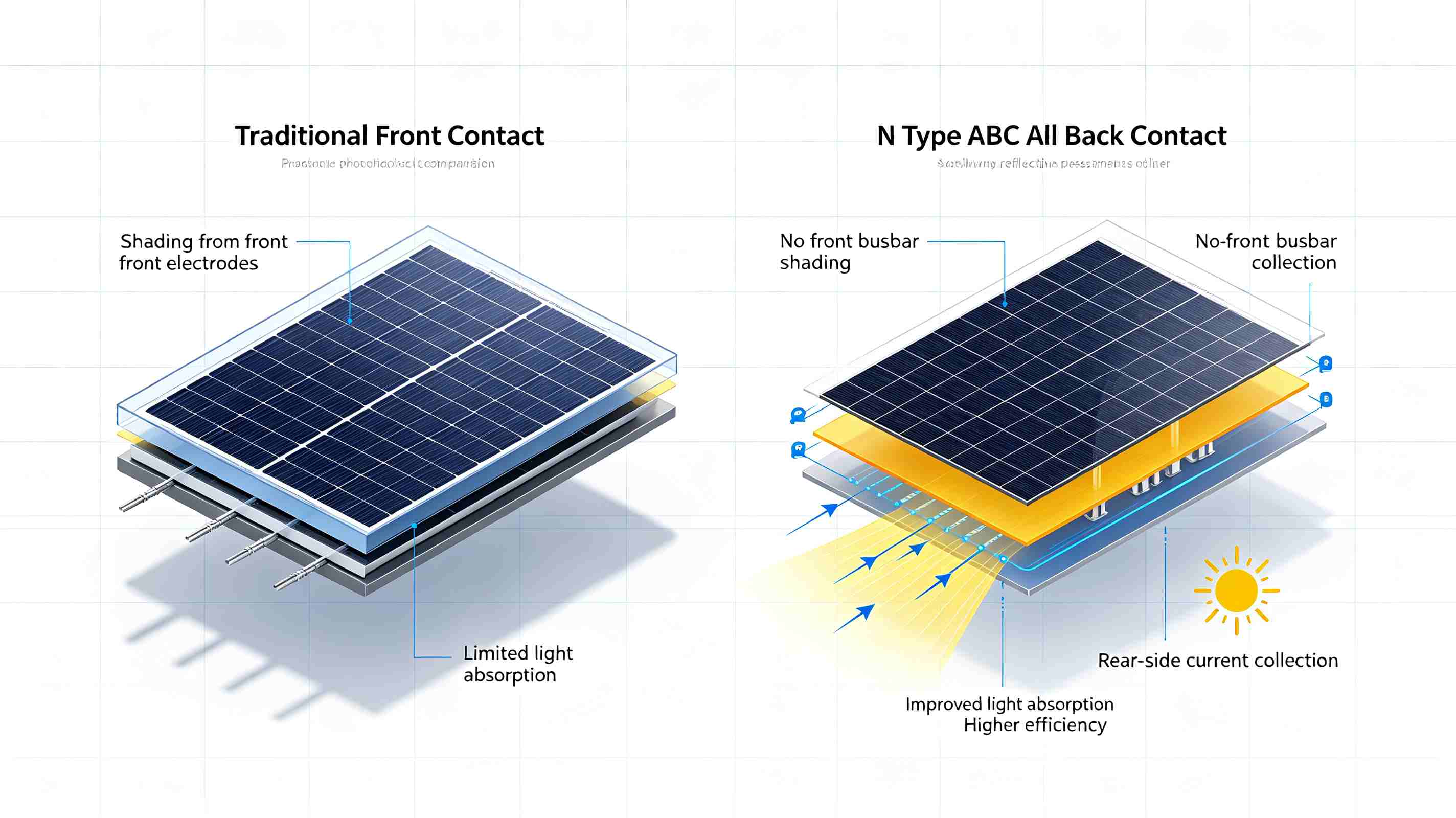 Comparison infographic showing traditional solar cell structure versus N Type ABC All Back Contact technology. Comparison infographic showing traditional solar cell structure versus N Type ABC All Back Contact technology.