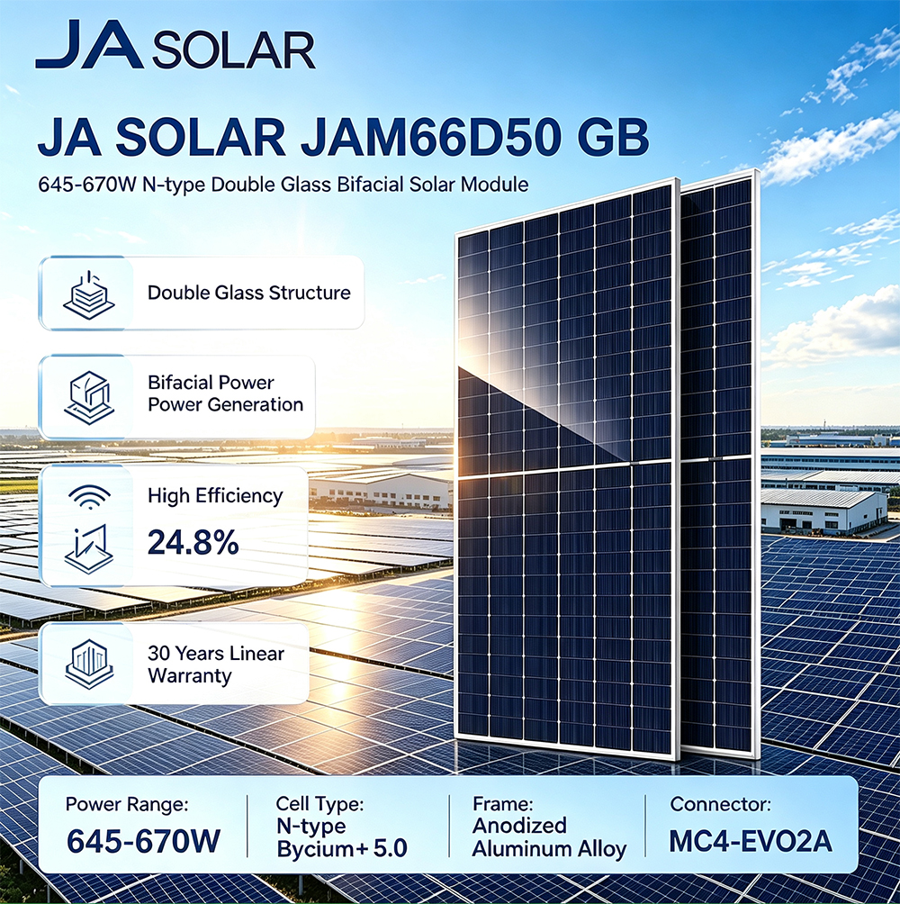 JA solar panels 645W 650W 660W 665W 670W n type monocrystalline dual glass bifacial commercial solar panel