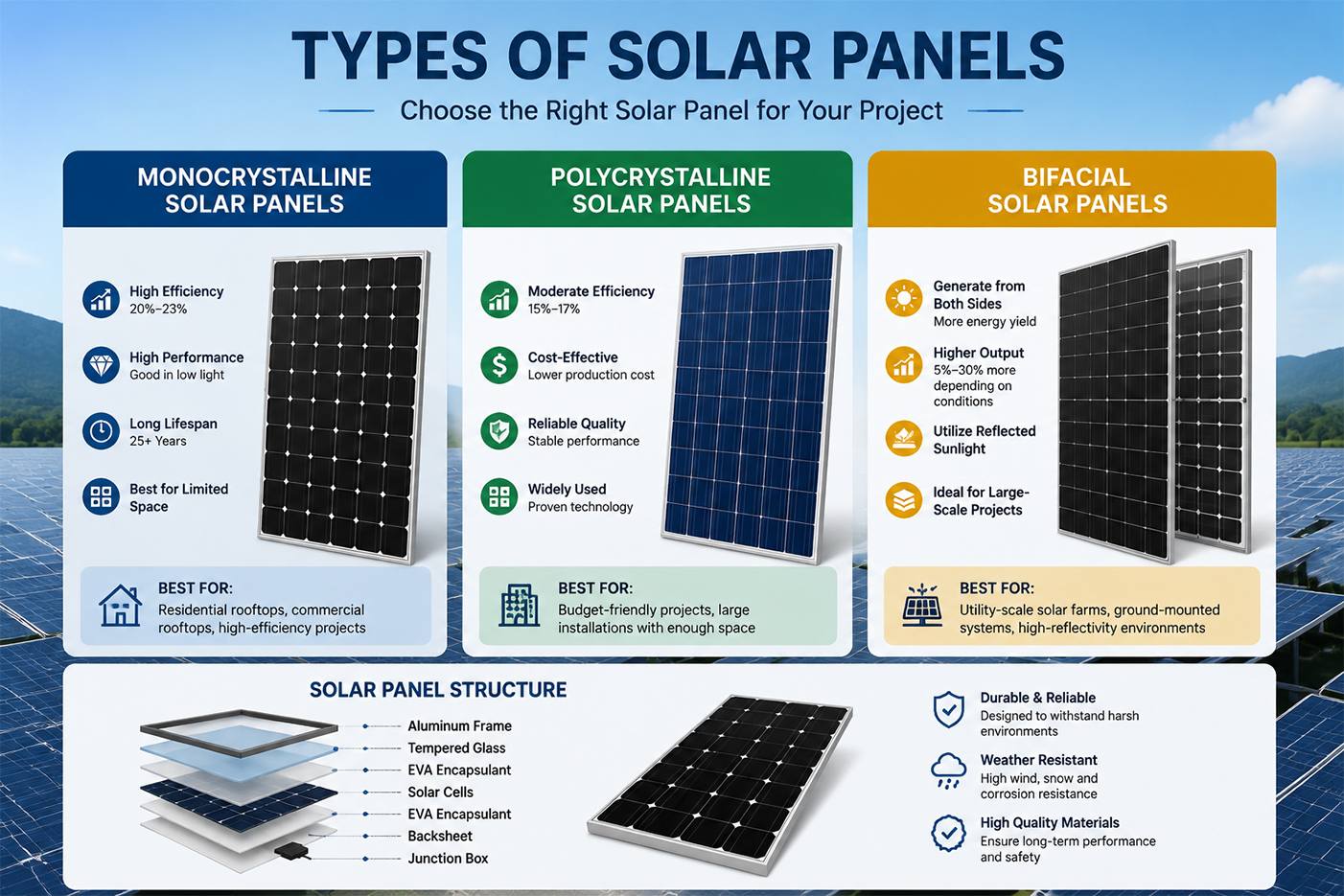 Different types of solar panels including monocrystalline and bifacial modules Different types of solar panels including monocrystalline and bifacial modules