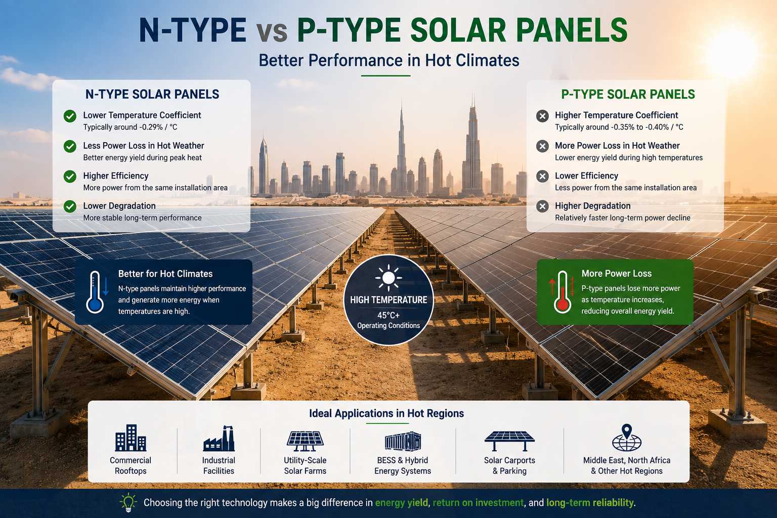 N-type and P-type solar panels for hot climate solar projects N-type and P-type solar panels for hot climate solar projects