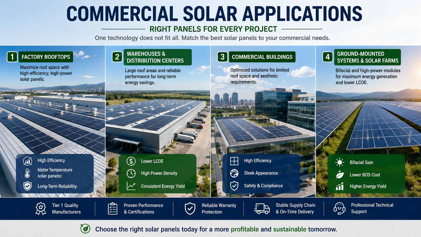 Commercial solar panel applications for factories warehouses and solar farms Commercial solar panel applications for factories warehouses and solar farms