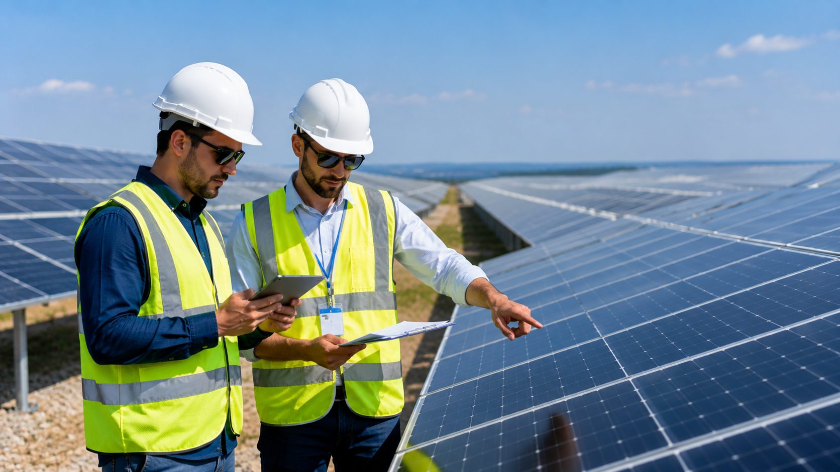 Engineers selecting solar panels for a utility scale solar farm Engineers selecting solar panels for a utility scale solar farm