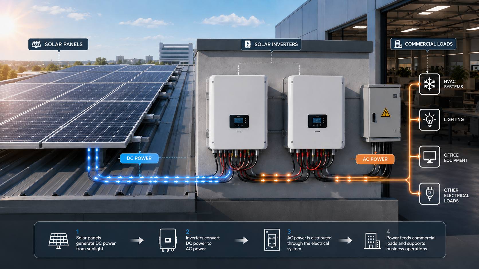 Solar PV energy flow from solar panels to inverter and electrical loads Solar PV energy flow from solar panels to inverter and electrical loads