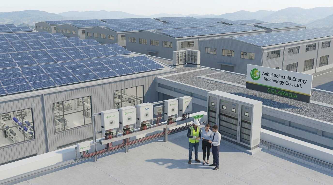 Solar panels connected to solar inverters in a commercial PV system Solar panels connected to solar inverters in a commercial PV system