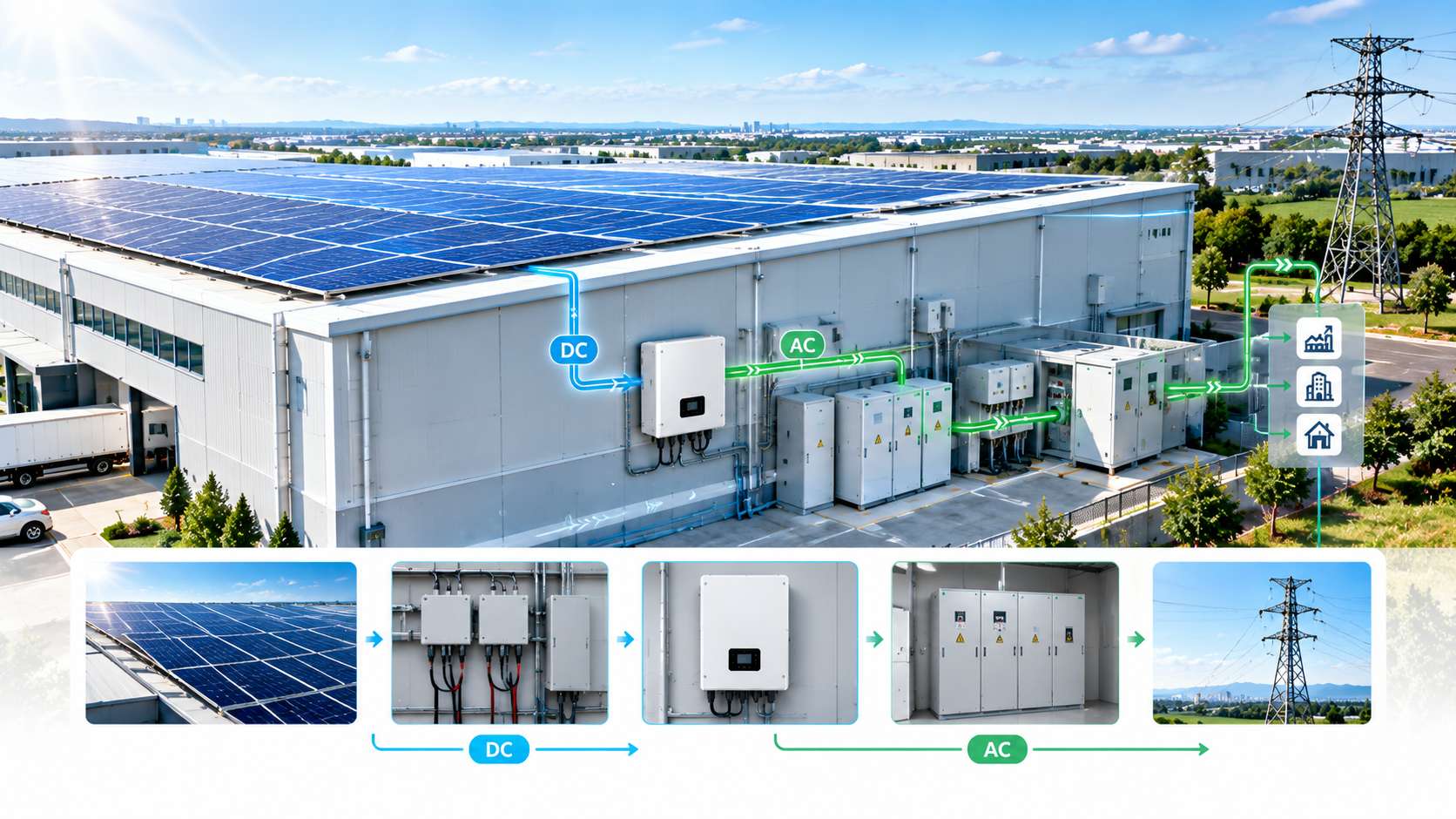 Solar panels and inverter working together in a PV system