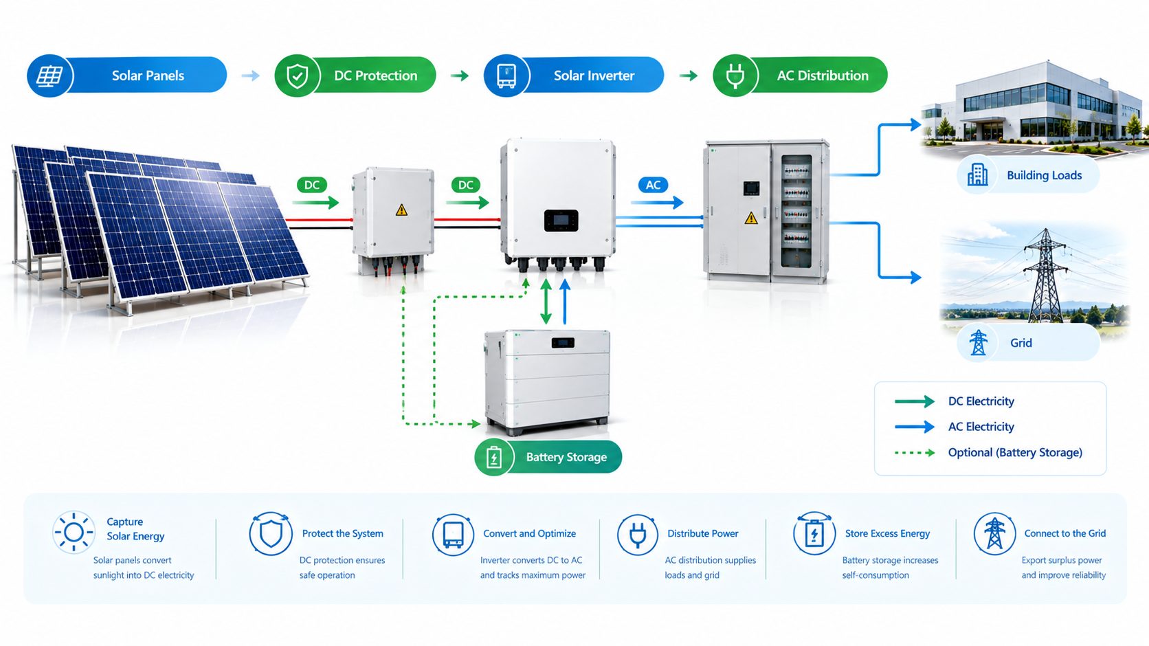 Solar PV system energy flow from panels to inverter and AC loads
