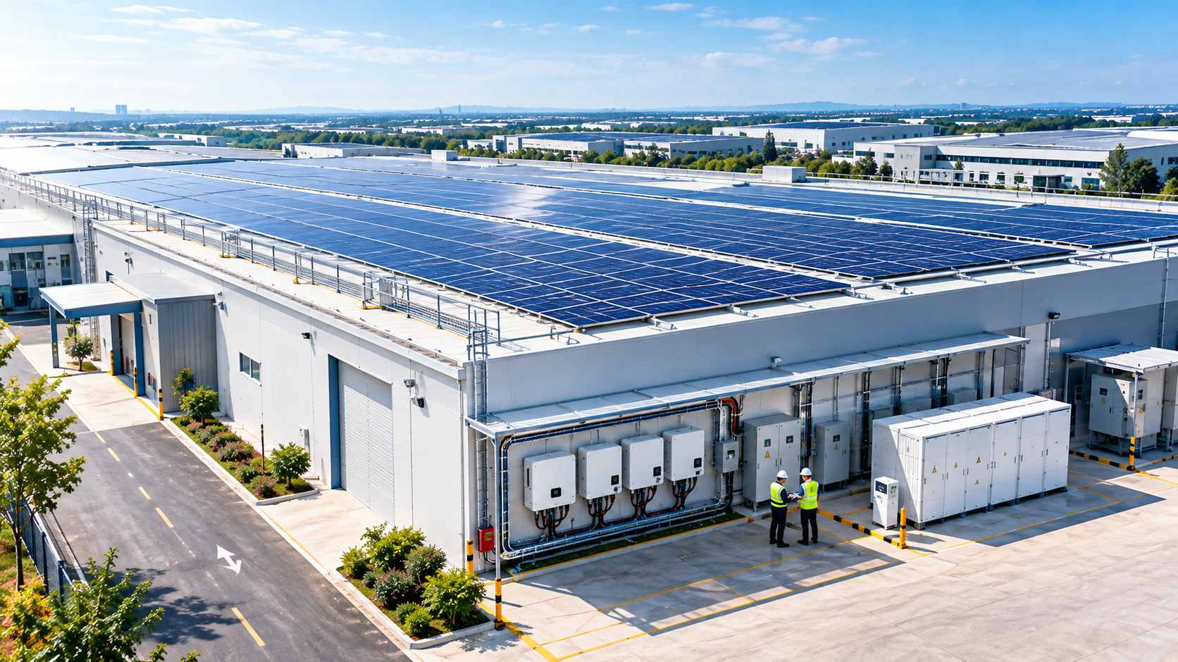 Commercial PV system with solar panels and multiple inverters