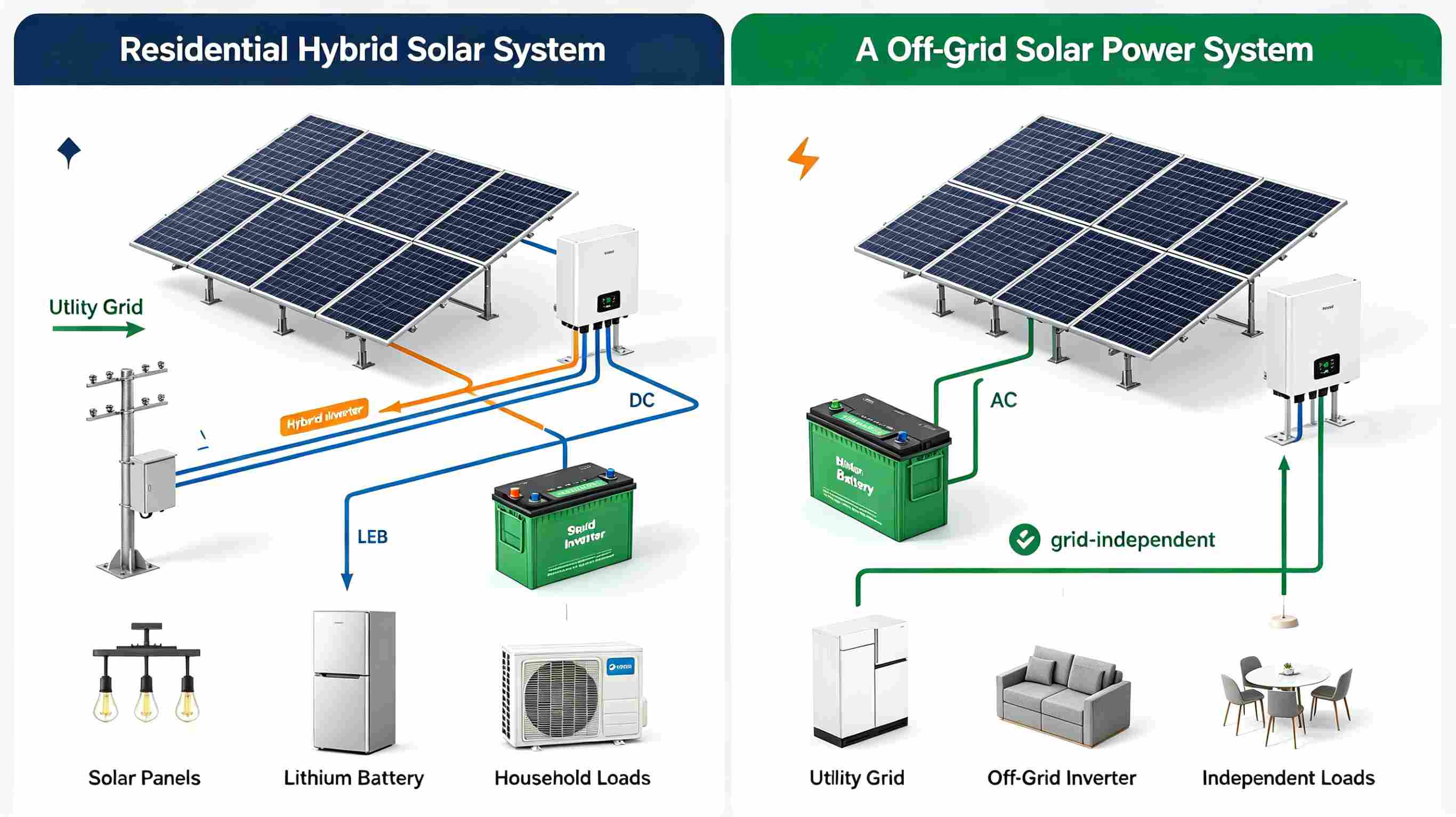 Hybrid solar inverter vs off grid inverter system architecture Hybrid solar inverter vs off grid inverter system architecture