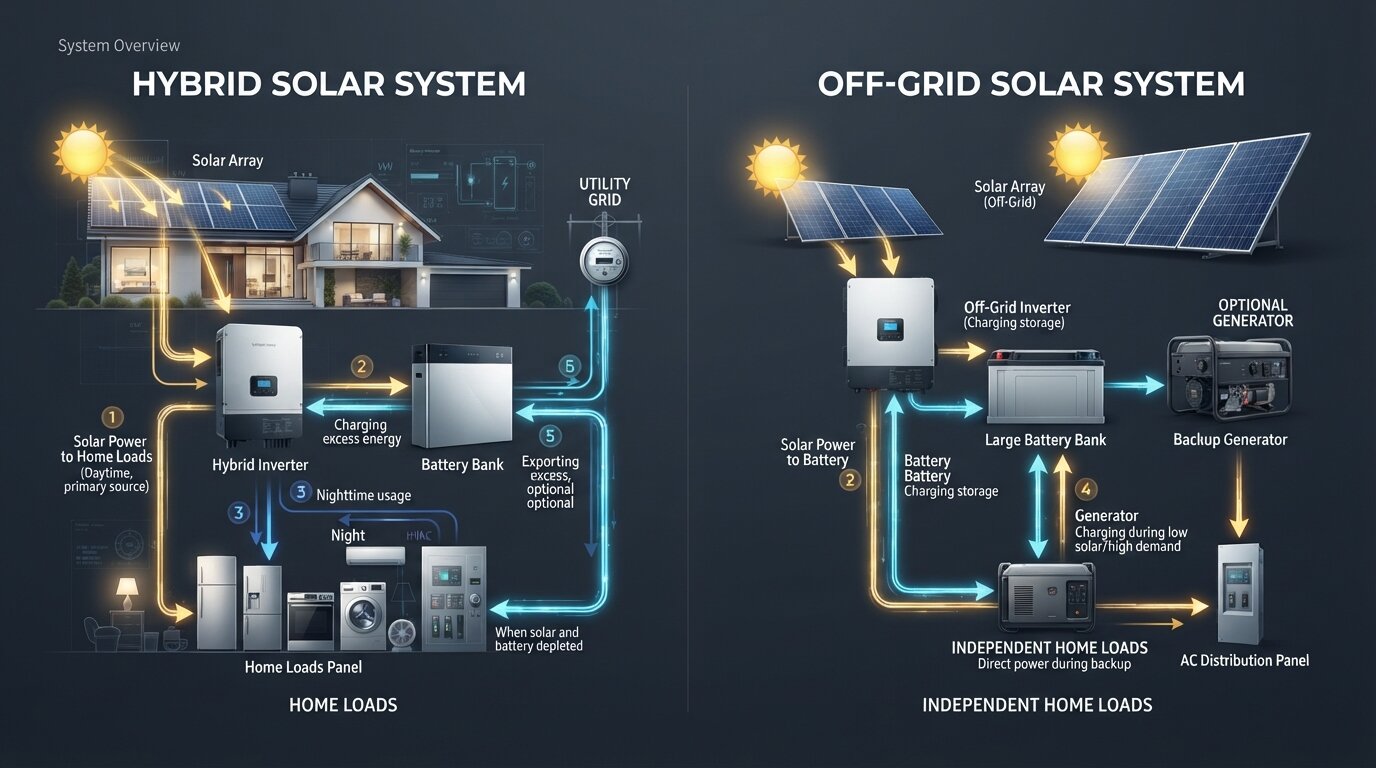 Energy flow comparison between hybrid and off grid solar systems Energy flow comparison between hybrid and off grid solar systems