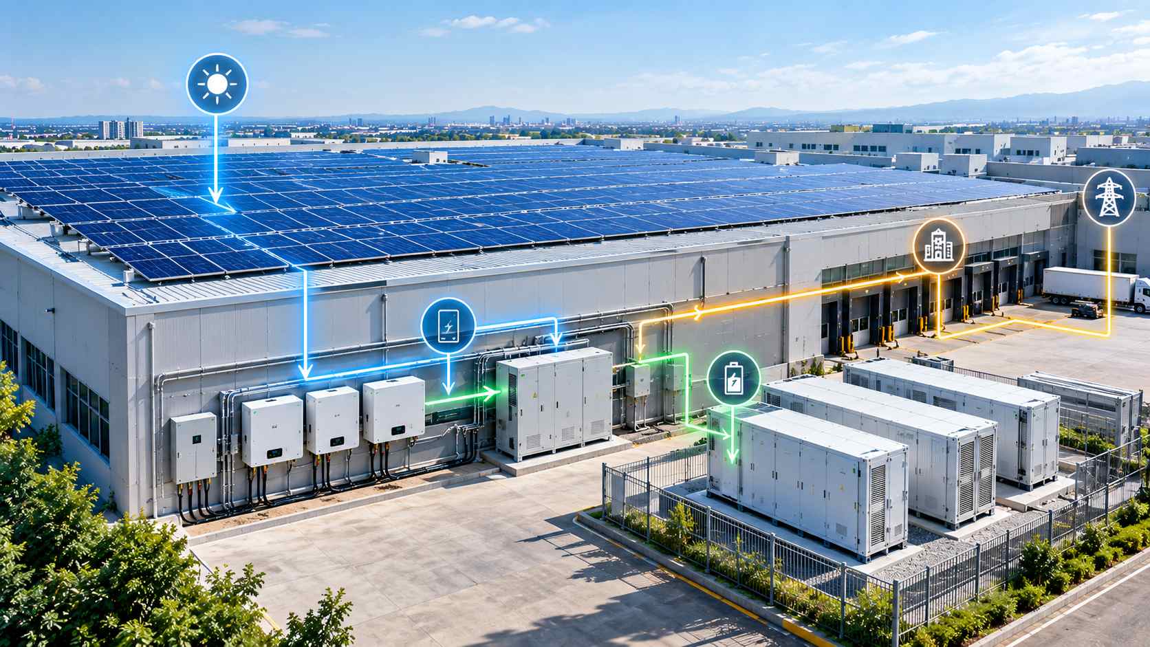 Commercial solar system components including panels inverter and battery storage Commercial solar system components including panels inverter and battery storage