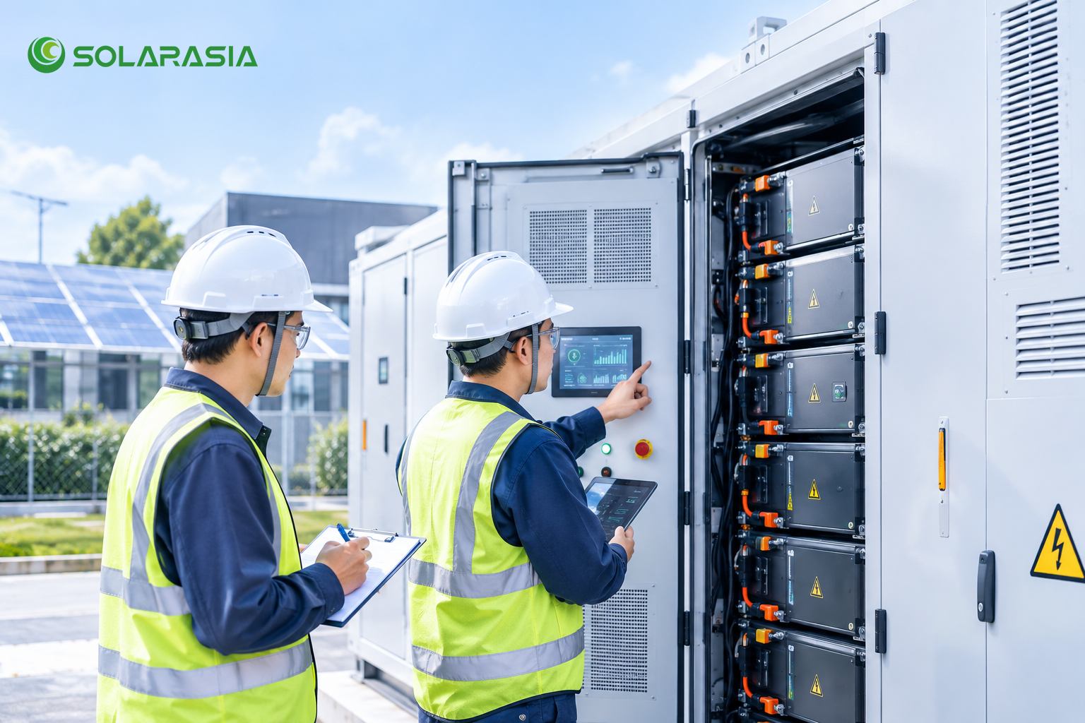 Technicians inspect the energy storage system following safety procedures.